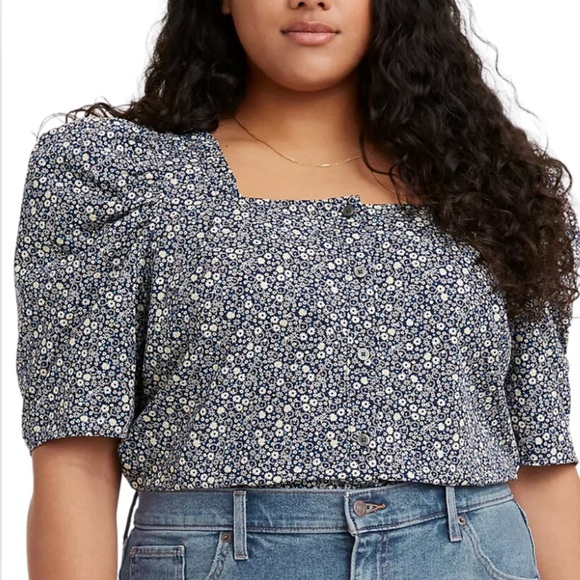 New with Tags Levi's Womens Joella Button-Up Floral Puff Sleeve Crop Blouse - Picture 2 of 16